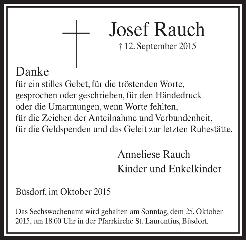  Traueranzeige für Josef Rauch vom 17.10.2015 aus  Sonntags-Post 