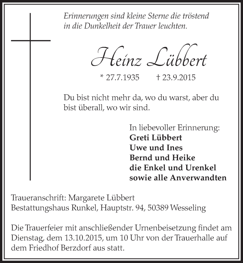  Traueranzeige für Heinz Lübbert vom 07.10.2015 aus  Schlossbote/Werbekurier 