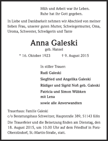 Anzeige von Anna Galeski von  Kölner Wochenspiegel 