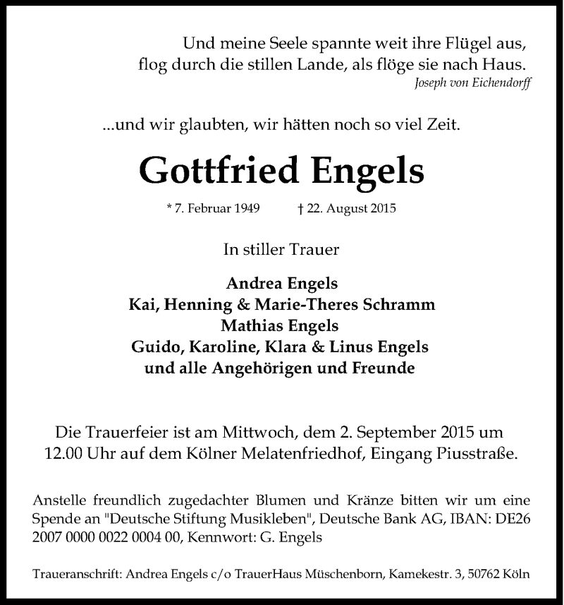  Traueranzeige für Gottfried Engels vom 29.08.2015 aus Kölner Stadt-Anzeiger / Kölnische Rundschau / Express