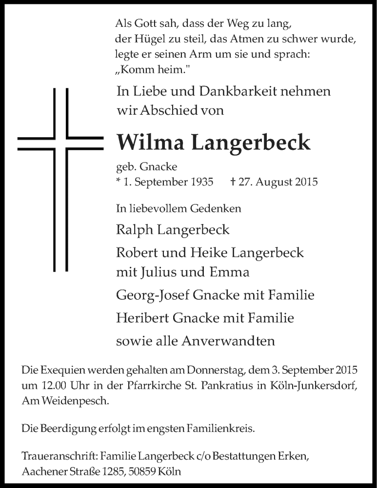  Traueranzeige für Wilma Langerbeck vom 29.08.2015 aus Kölner Stadt-Anzeiger / Kölnische Rundschau / Express