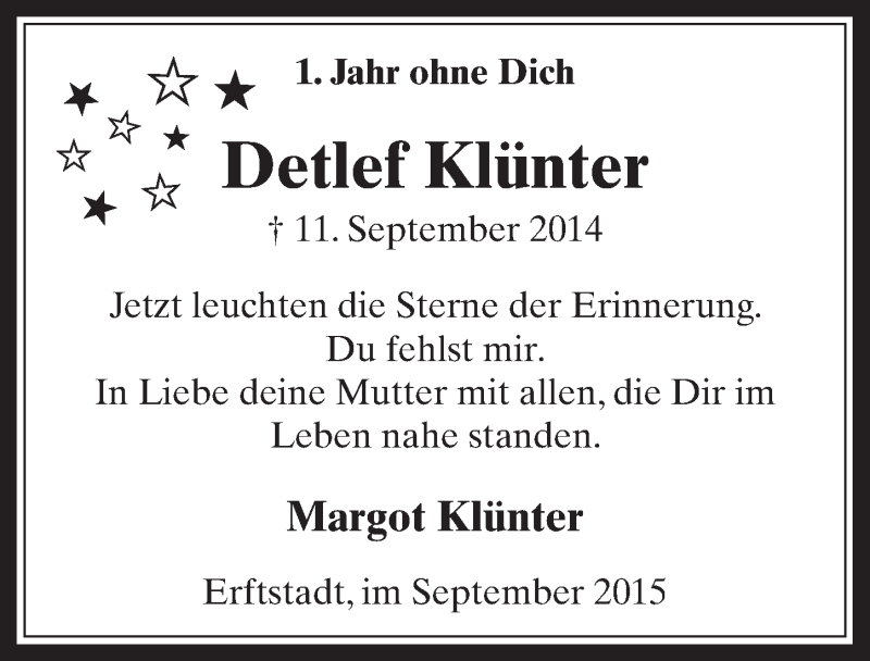  Traueranzeige für Detlef Klünter vom 09.09.2015 aus  Werbepost 