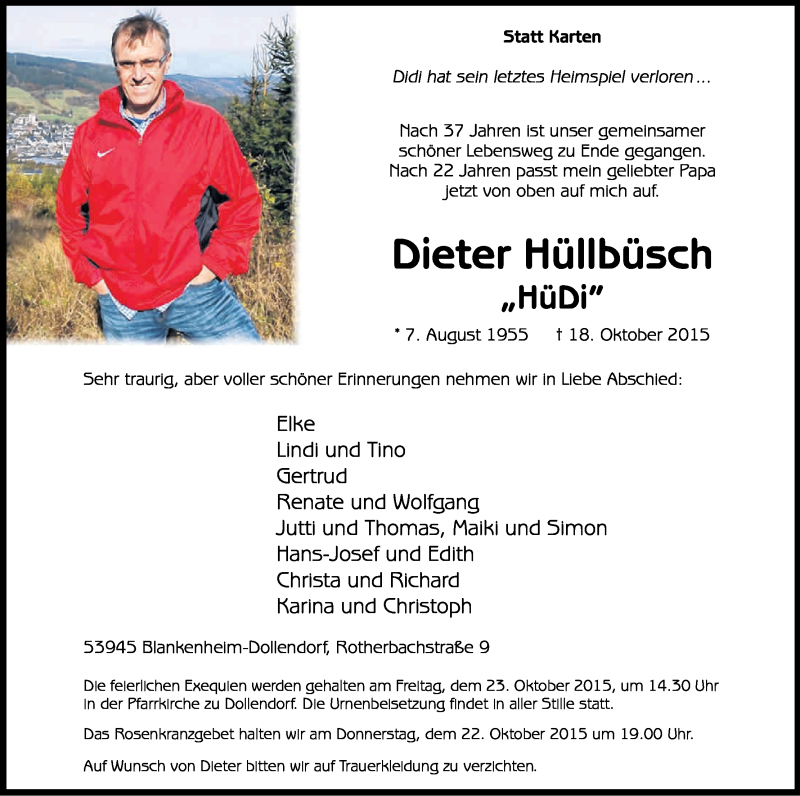  Traueranzeige für Dieter Hüllbüsch vom 21.10.2015 aus Kölner Stadt-Anzeiger / Kölnische Rundschau / Express