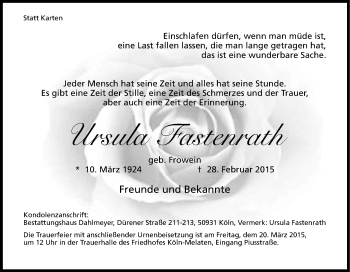 Anzeige von Ursula Fastenrath von Kölner Stadt-Anzeiger / Kölnische Rundschau / Express