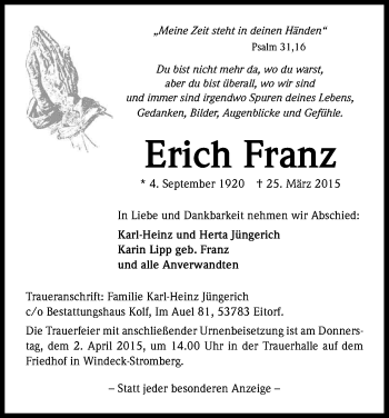 Anzeige von Erich Franz von Kölner Stadt-Anzeiger / Kölnische Rundschau / Express