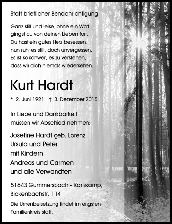 Anzeige von Kurt Hardt von  Anzeigen Echo 
