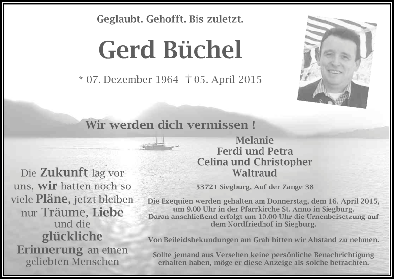  Traueranzeige für Gerd Büchel vom 11.04.2015 aus Kölner Stadt-Anzeiger / Kölnische Rundschau / Express