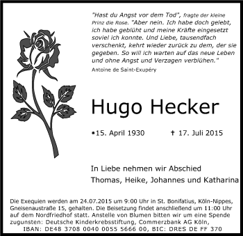 Anzeige von Hugo Hecker von Kölner Stadt-Anzeiger / Kölnische Rundschau / Express