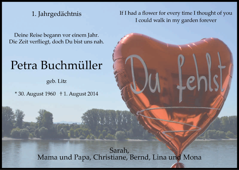  Traueranzeige für Petra Buchmüller vom 01.08.2015 aus Kölner Stadt-Anzeiger / Kölnische Rundschau / Express