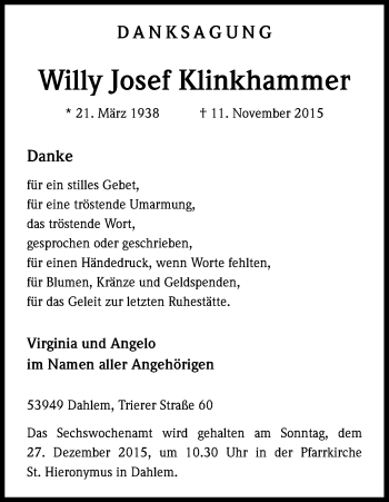 Anzeige von Willy Josef Klinkhammer von Kölner Stadt-Anzeiger / Kölnische Rundschau / Express
