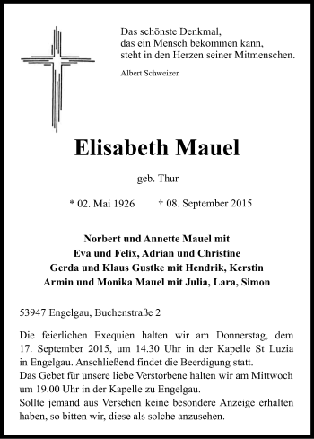 Anzeige von Elisabeth Mauel von Kölner Stadt-Anzeiger / Kölnische Rundschau / Express