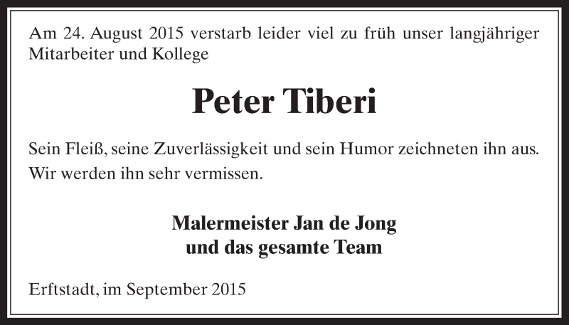  Traueranzeige für Peter Tiberi vom 05.09.2015 aus  Sonntags-Post 
