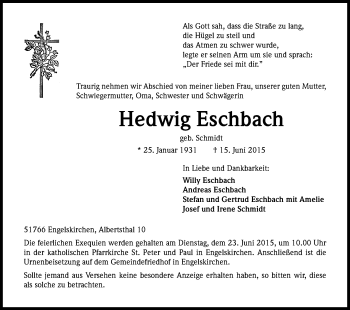 Anzeige von Hedwig Eschbach von Kölner Stadt-Anzeiger / Kölnische Rundschau / Express