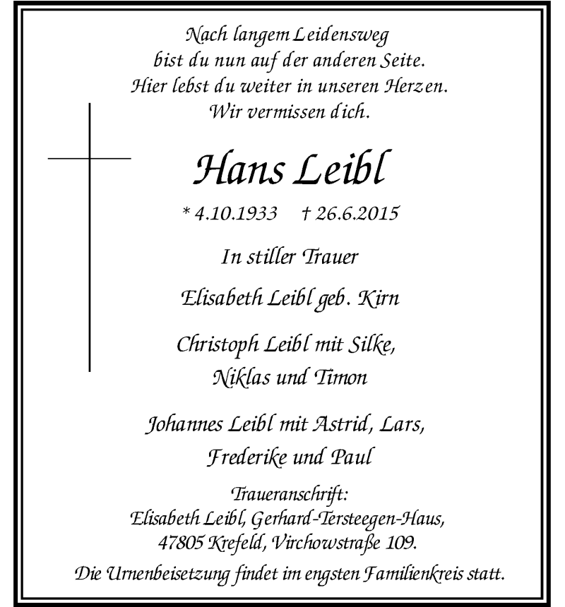  Traueranzeige für Hans Leib vom 01.07.2015 aus Kölner Stadt-Anzeiger / Kölnische Rundschau / Express