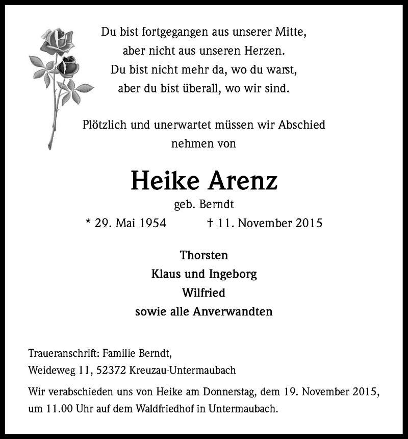  Traueranzeige für Heike Arenz vom 17.11.2015 aus Kölner Stadt-Anzeiger / Kölnische Rundschau / Express