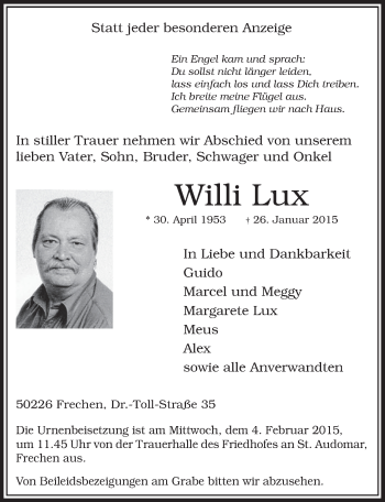 Anzeige von Willi Lux von  Sonntags-Post 