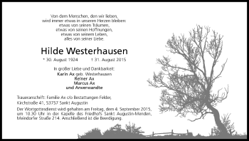 Anzeige von Hilde Westerhausen von Kölner Stadt-Anzeiger / Kölnische Rundschau / Express