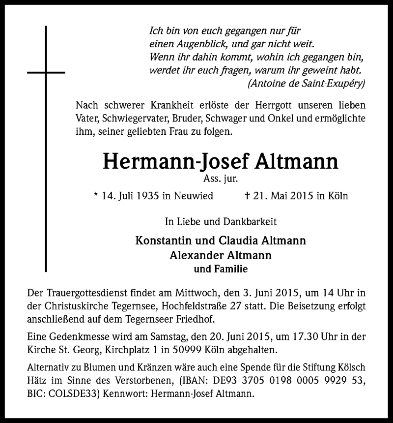  Traueranzeige für Hermann-Josef Altmann vom 30.05.2015 aus Kölner Stadt-Anzeiger / Kölnische Rundschau / Express
