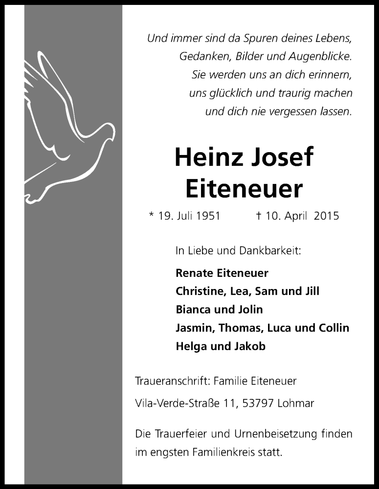  Traueranzeige für Heinz Josef Eiteneuer vom 18.04.2015 aus Kölner Stadt-Anzeiger / Kölnische Rundschau / Express