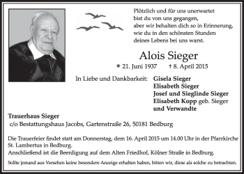 Anzeige von Alois Sieger von  Sonntags-Post 