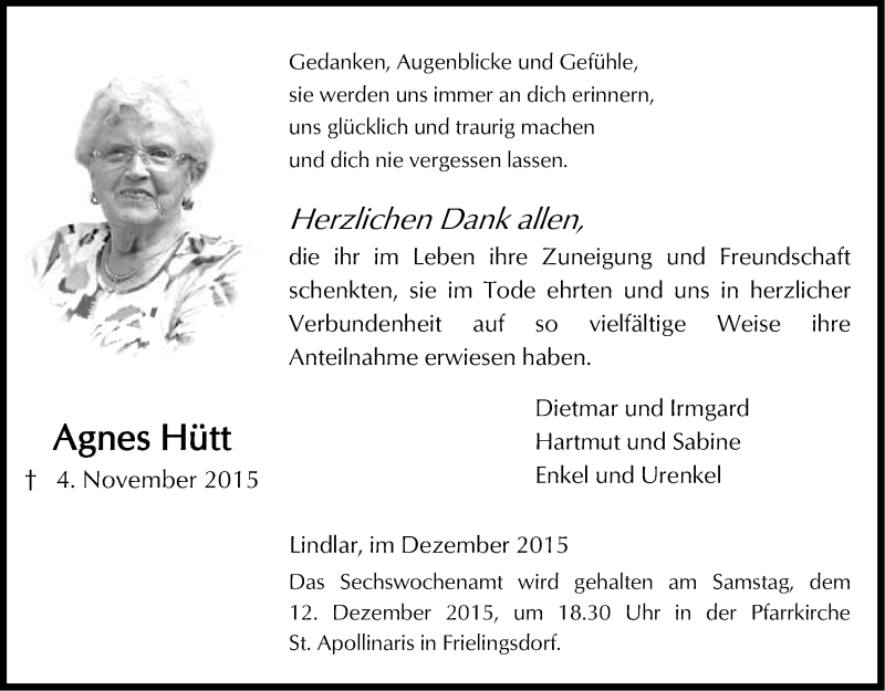  Traueranzeige für Agnes Hütt vom 05.12.2015 aus Kölner Stadt-Anzeiger / Kölnische Rundschau / Express