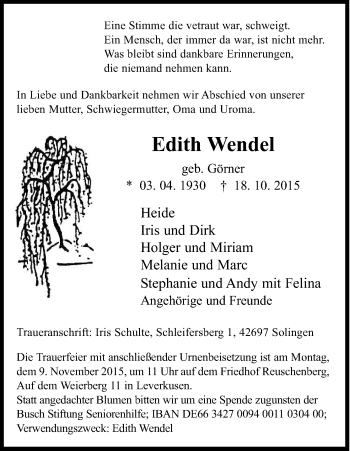 Anzeige von Edith Wendel von Kölner Stadt-Anzeiger / Kölnische Rundschau / Express