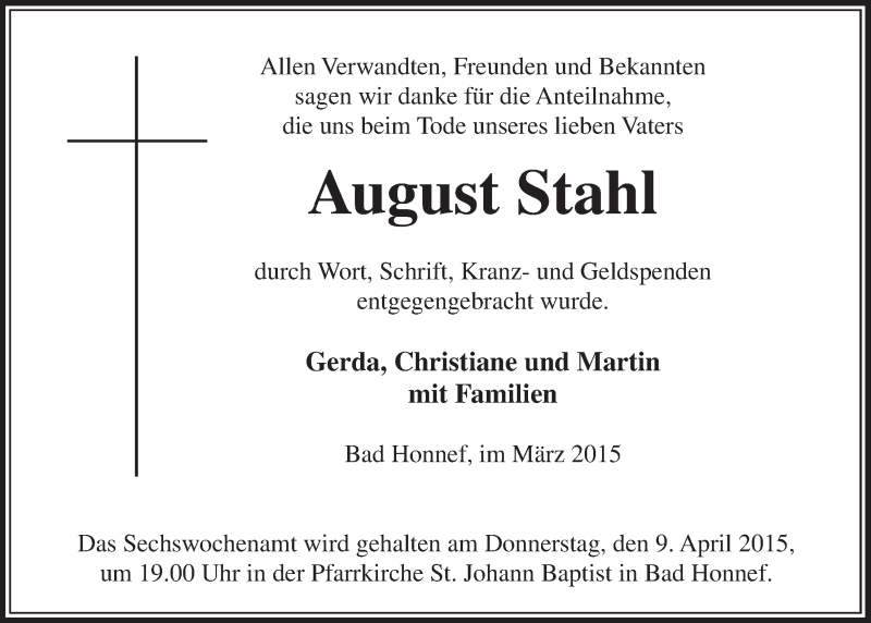  Traueranzeige für August Stahl vom 25.03.2015 aus  Schaufenster/Blickpunkt  Extra Blatt 