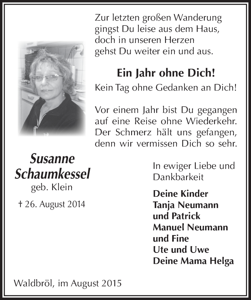 Traueranzeige für Susanne Schaumkessel vom 26.08.2015 aus  Lokalanzeiger 