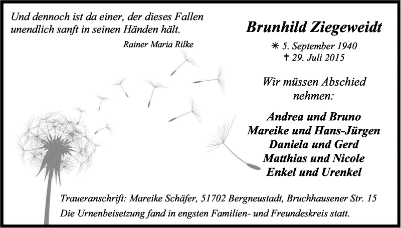  Traueranzeige für Brunhild Ziegeweidt vom 15.08.2015 aus Kölner Stadt-Anzeiger / Kölnische Rundschau / Express