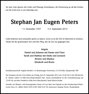 Anzeige von Stephan Jan Eugen Peters von Kölner Stadt-Anzeiger / Kölnische Rundschau / Express