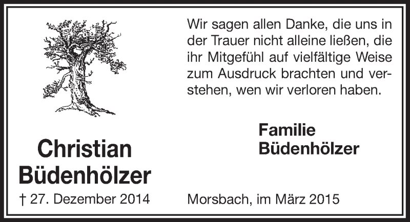  Traueranzeige für Christian Büdenhölzer vom 18.03.2015 aus  Lokalanzeiger 