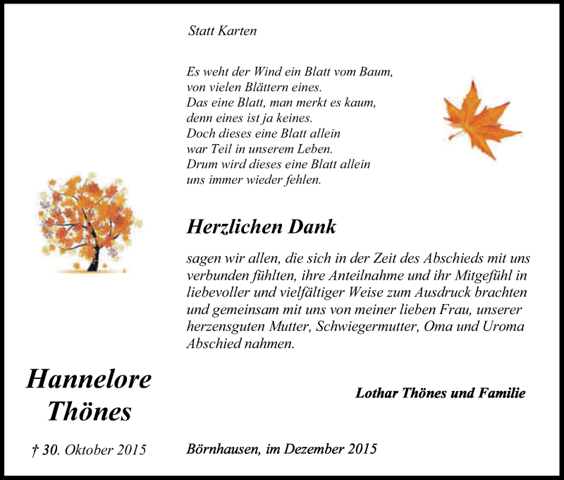  Traueranzeige für Hannelore Thönes vom 12.12.2015 aus Kölner Stadt-Anzeiger / Kölnische Rundschau / Express