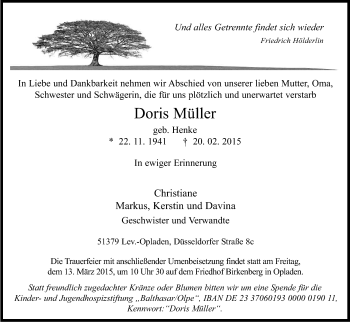Anzeige von Doris Müller von Kölner Stadt-Anzeiger / Kölnische Rundschau / Express