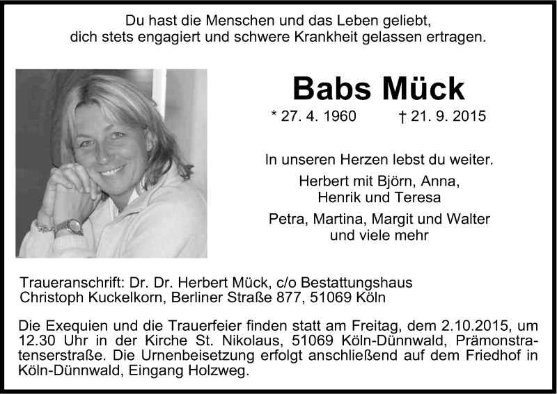  Traueranzeige für Babs Mück vom 26.09.2015 aus Kölner Stadt-Anzeiger / Kölnische Rundschau / Express