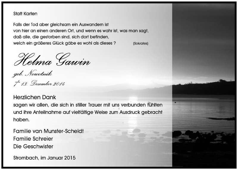  Traueranzeige für Helma Gawin vom 21.01.2015 aus  Anzeigen Echo 