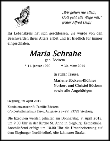 Anzeige von Maria Schrahe von Kölner Stadt-Anzeiger / Kölnische Rundschau / Express