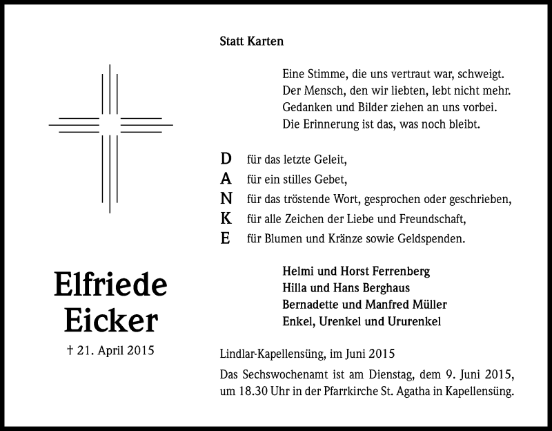  Traueranzeige für Elfriede Eicker vom 06.06.2015 aus Kölner Stadt-Anzeiger / Kölnische Rundschau / Express