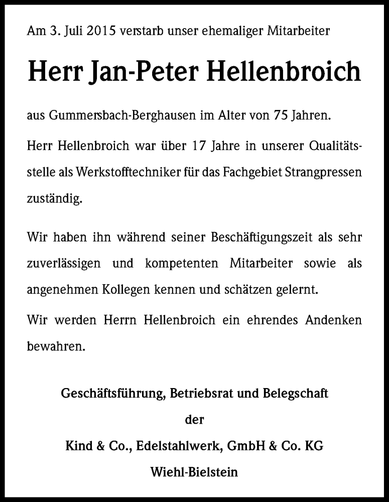  Traueranzeige für Jan-Peter Hellenbroich vom 11.07.2015 aus Kölner Stadt-Anzeiger / Kölnische Rundschau / Express