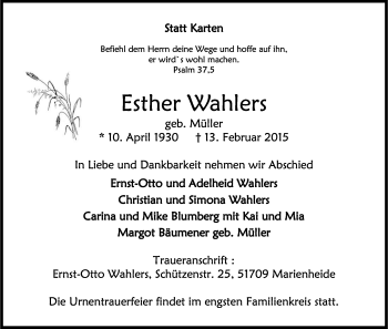 Anzeige von Esther Wahlers von Kölner Stadt-Anzeiger / Kölnische Rundschau / Express