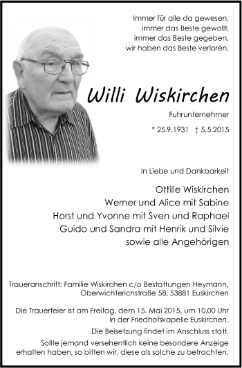 Anzeige von Willi Wiskirchen von  Blickpunkt Euskirchen 