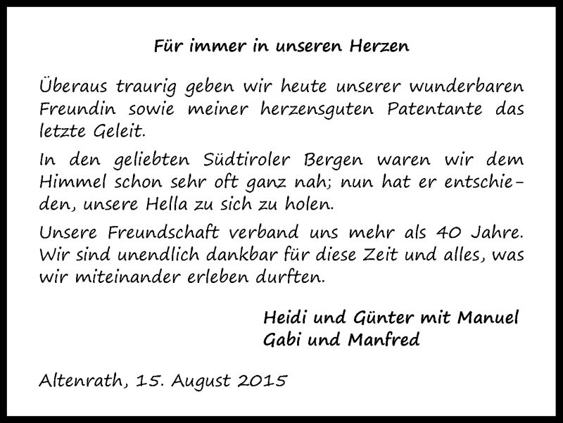  Traueranzeige für Hella Klein vom 15.08.2015 aus Kölner Stadt-Anzeiger / Kölnische Rundschau / Express