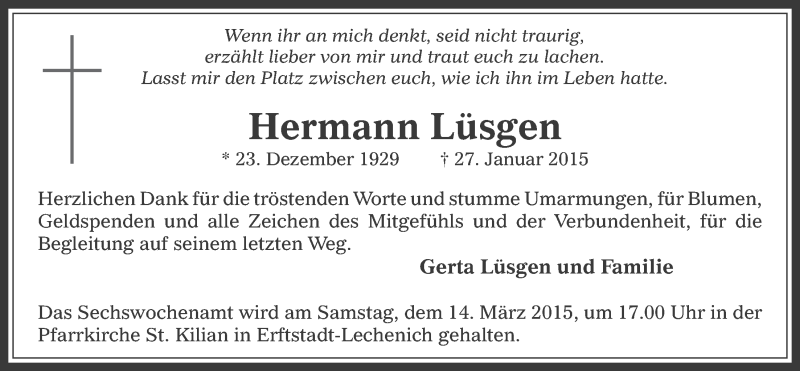  Traueranzeige für Hermann Lüsgen vom 04.03.2015 aus  Werbepost 