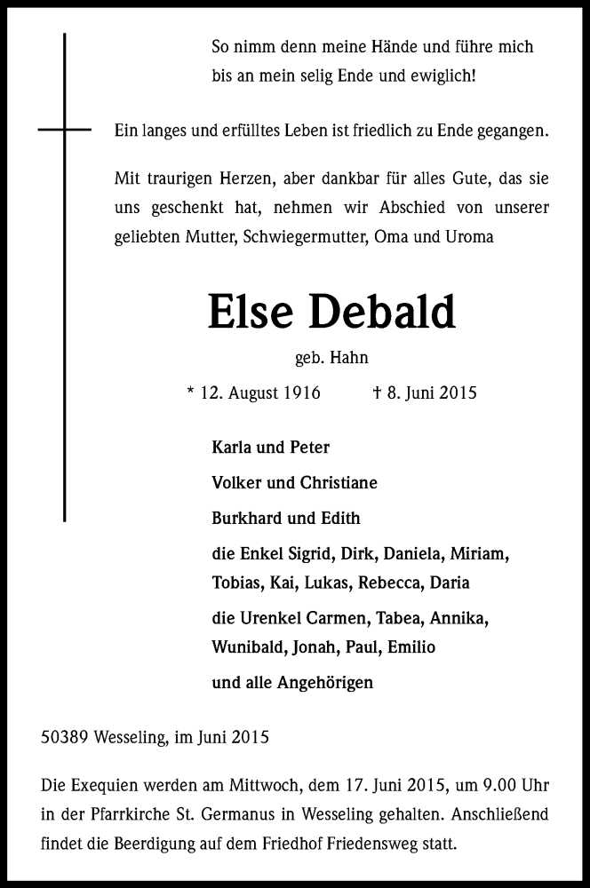  Traueranzeige für Else Debald vom 13.06.2015 aus Kölner Stadt-Anzeiger / Kölnische Rundschau / Express