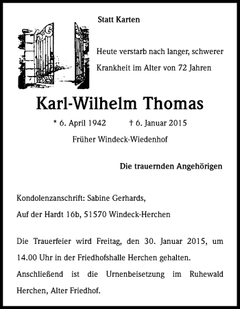 Anzeige von Karl-Wilhelm Thomas von Kölner Stadt-Anzeiger / Kölnische Rundschau / Express