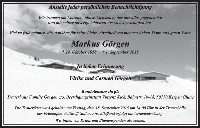  Traueranzeige für Markus Görgen vom 05.09.2015 aus  Sonntags-Post 