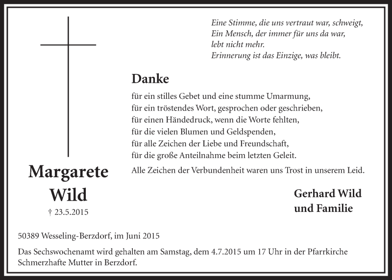  Traueranzeige für Margarete Wild vom 24.06.2015 aus  Schlossbote/Werbekurier 