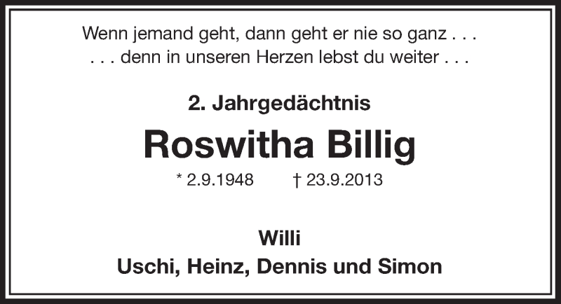  Traueranzeige für Roswitha Billig vom 23.09.2015 aus  Schlossbote/Werbekurier 