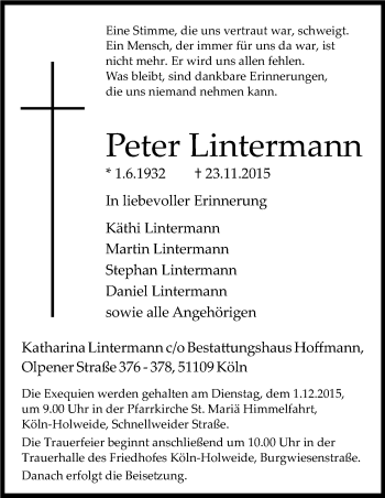 Anzeige von Peter Lintermann von Kölner Stadt-Anzeiger / Kölnische Rundschau / Express