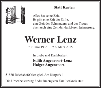 Anzeige von Werner Lenz von  Lokalanzeiger 