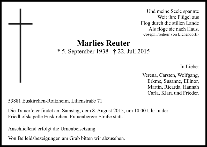  Traueranzeige für Marlies Reuter vom 01.08.2015 aus Kölner Stadt-Anzeiger / Kölnische Rundschau / Express